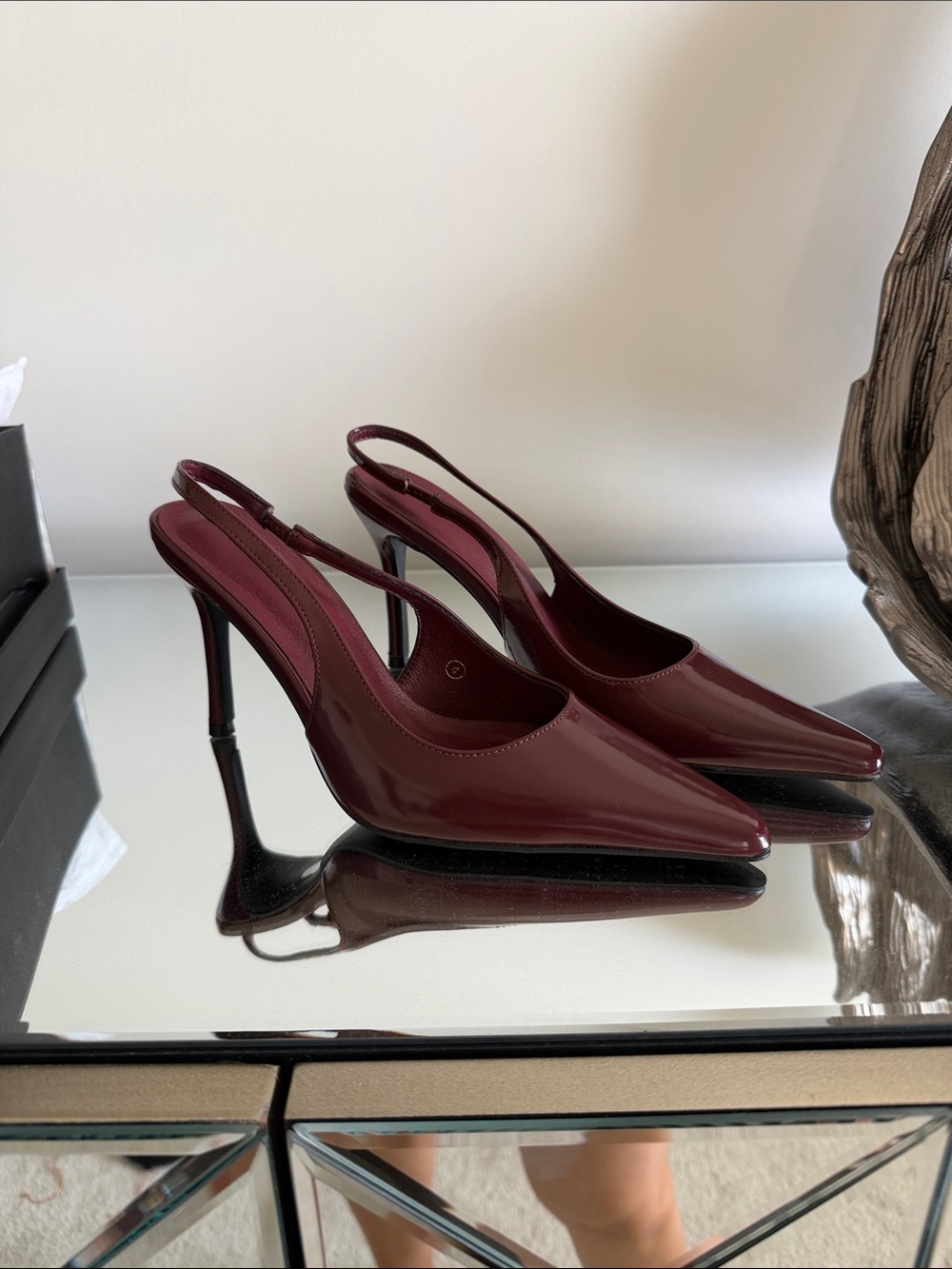 PrettyLittleThing Burgundy Patent Pointed Slingback Stilettos